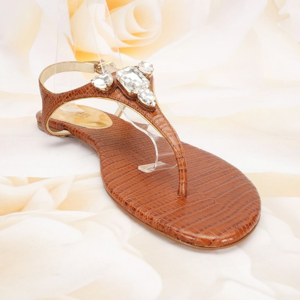 Michael Kors Designer Reptile Jayden T-Strap Thong Flats Sandals W/Jewl Accents